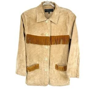 Vintage Western Fringe Leather Jacket Velvet‎ Size Medium Bohemian Giacca